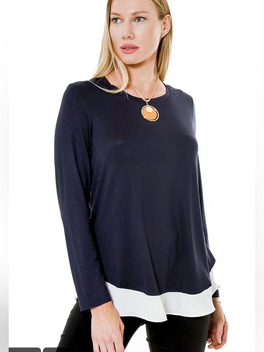 LOFT Navy Long Sleeve Tunic Top White Chiffon Hem Layered Look Size S
